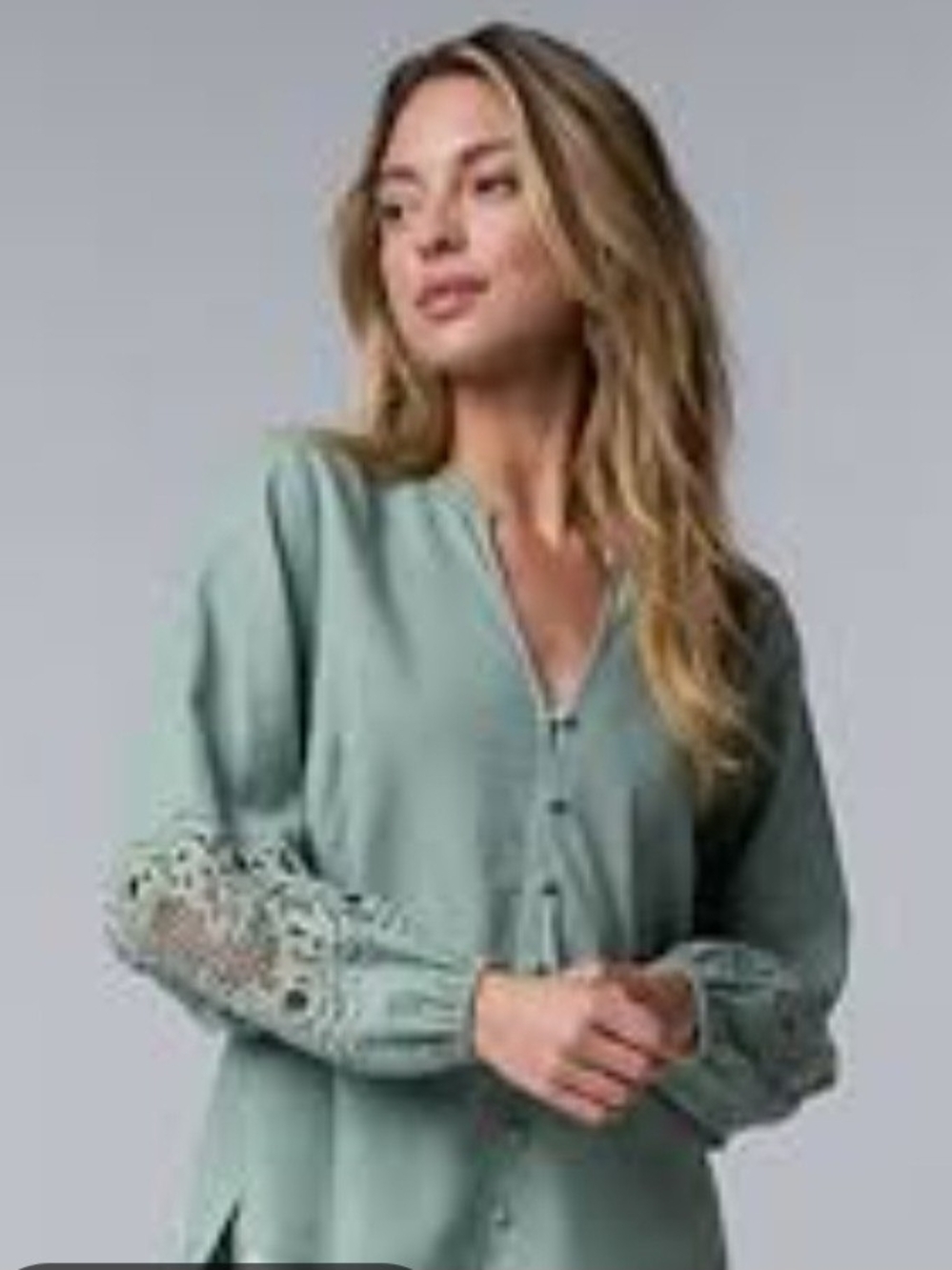 Simply Vera Vera Wang Sage Button-Front Blouse with Lace Sleeve Insets